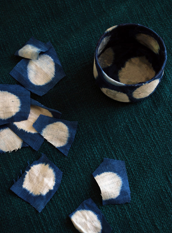 Indigo shibori fabric and thrift shop vase