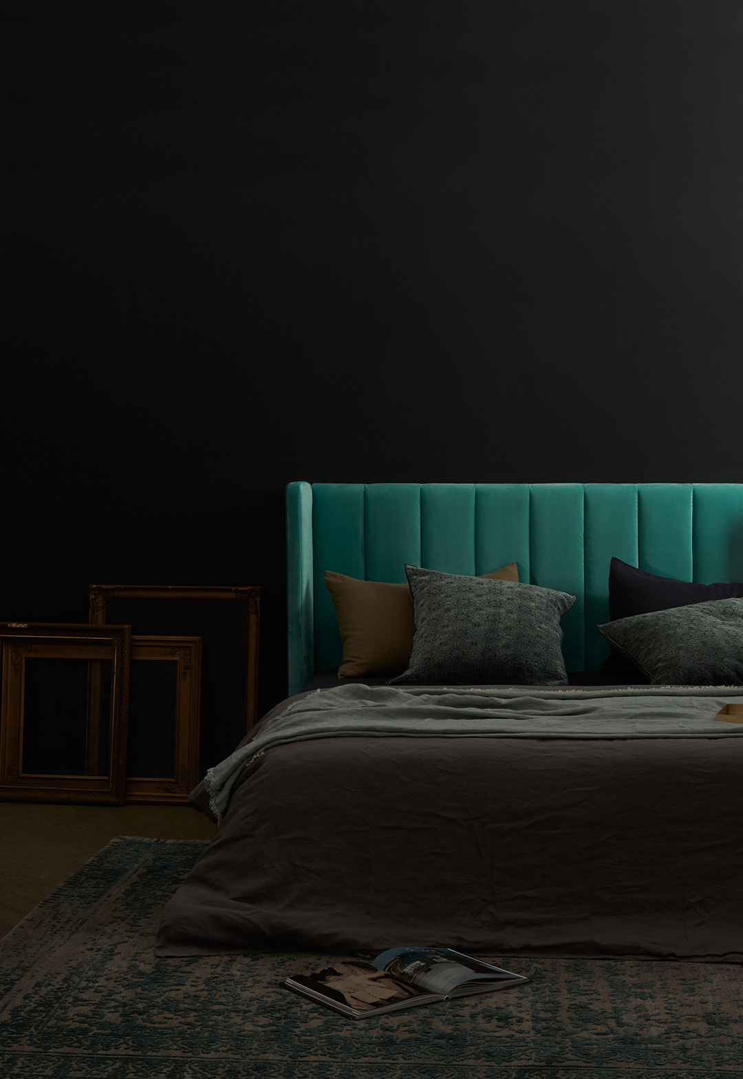 Incy Interiors aqua velvet bedhead - We Are Scout